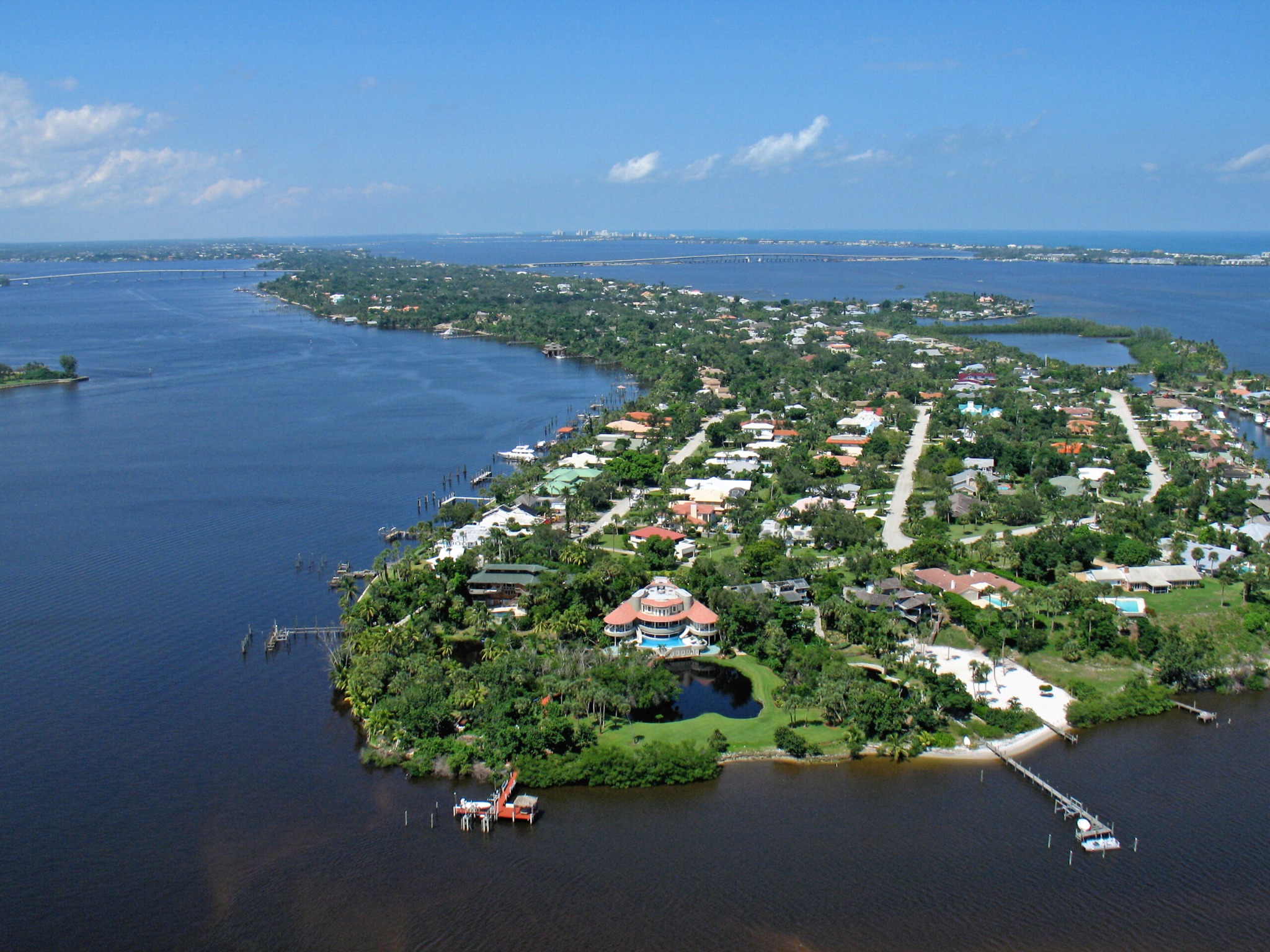 Aerial view of waterfront homes and waterways in Sewall’s Point, Florida
