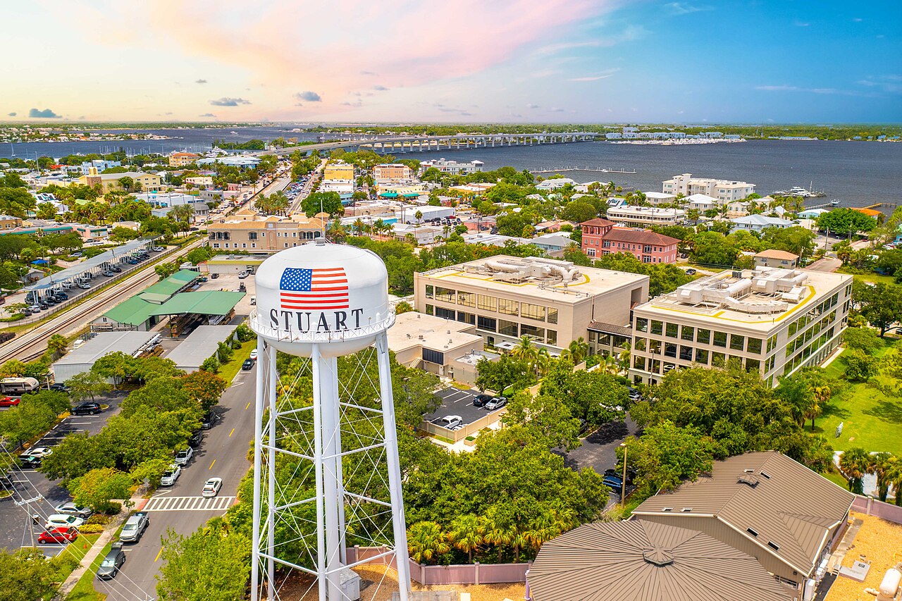 Aerial view of downtown Stuart, Florida, with the Stuart water tower and St. Lucie River